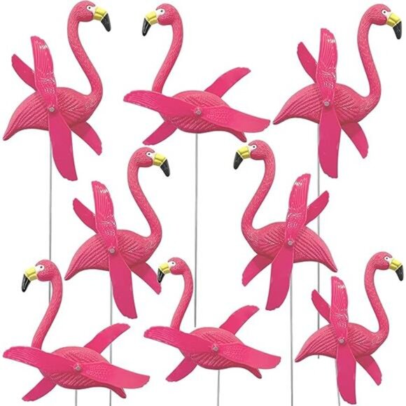 12 Pcs Twirling Wings Pink Flamingo Small - Yard Ornament with Metal Stakes - Picture 2 of 7